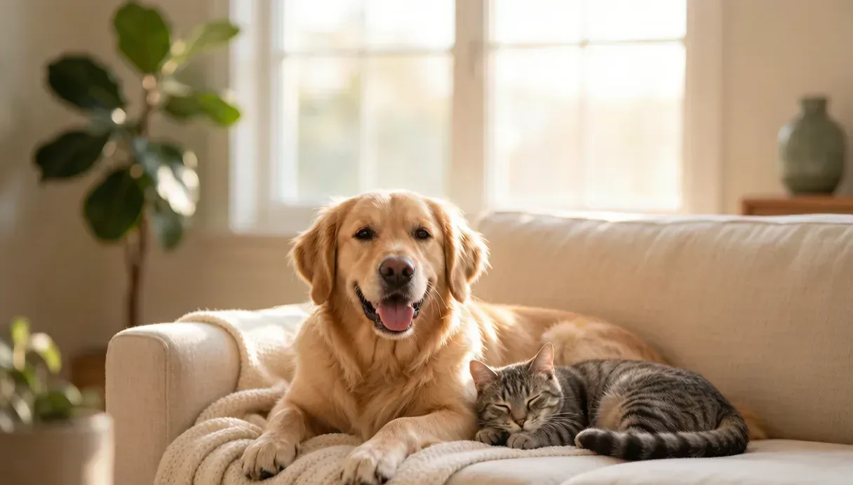 A happy dog and cat relaxing together at home